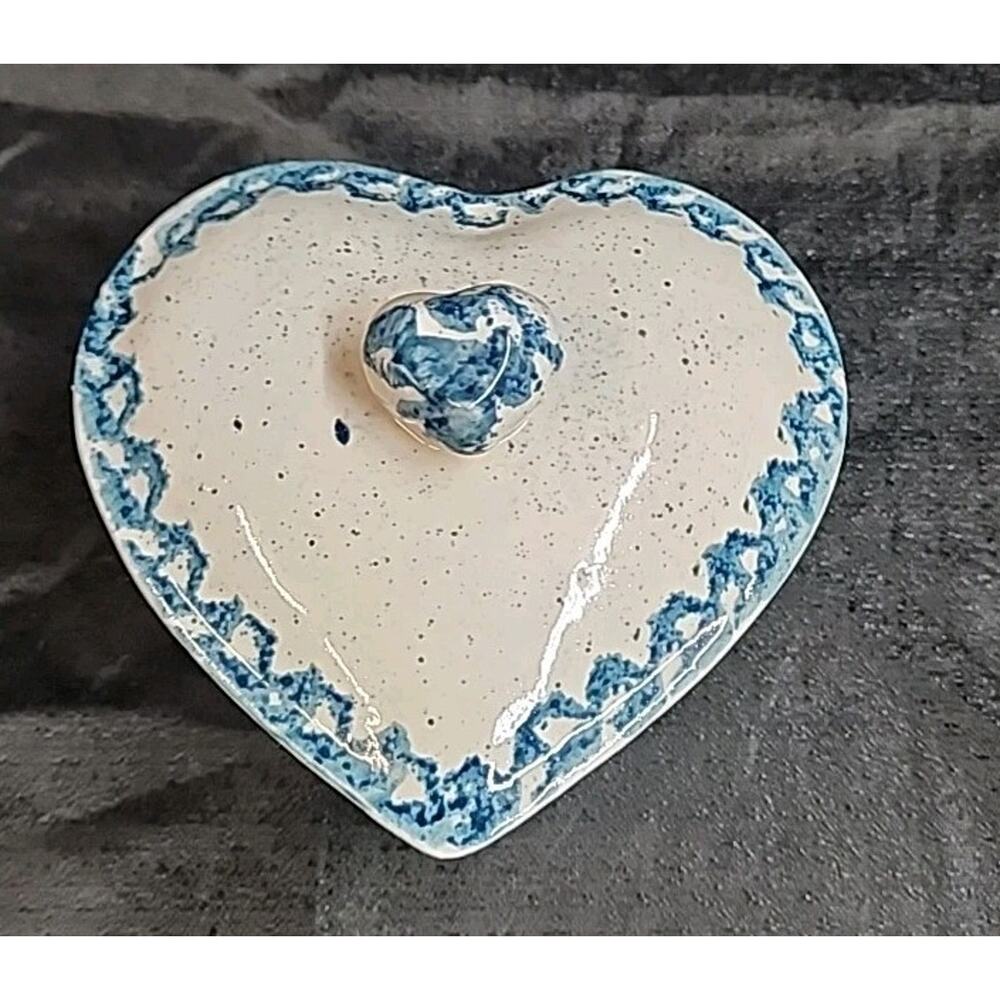 Vintage blue and white Heart Shaped Porcelain Trinket Box w/ Lid
